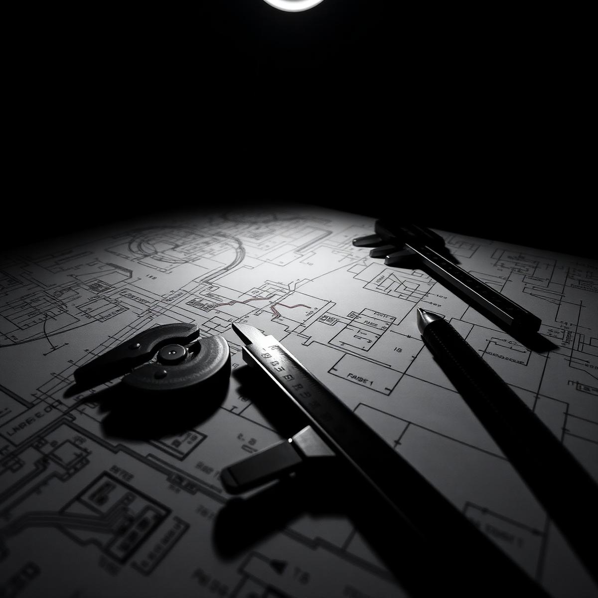 Engineering blueprints with precision tools